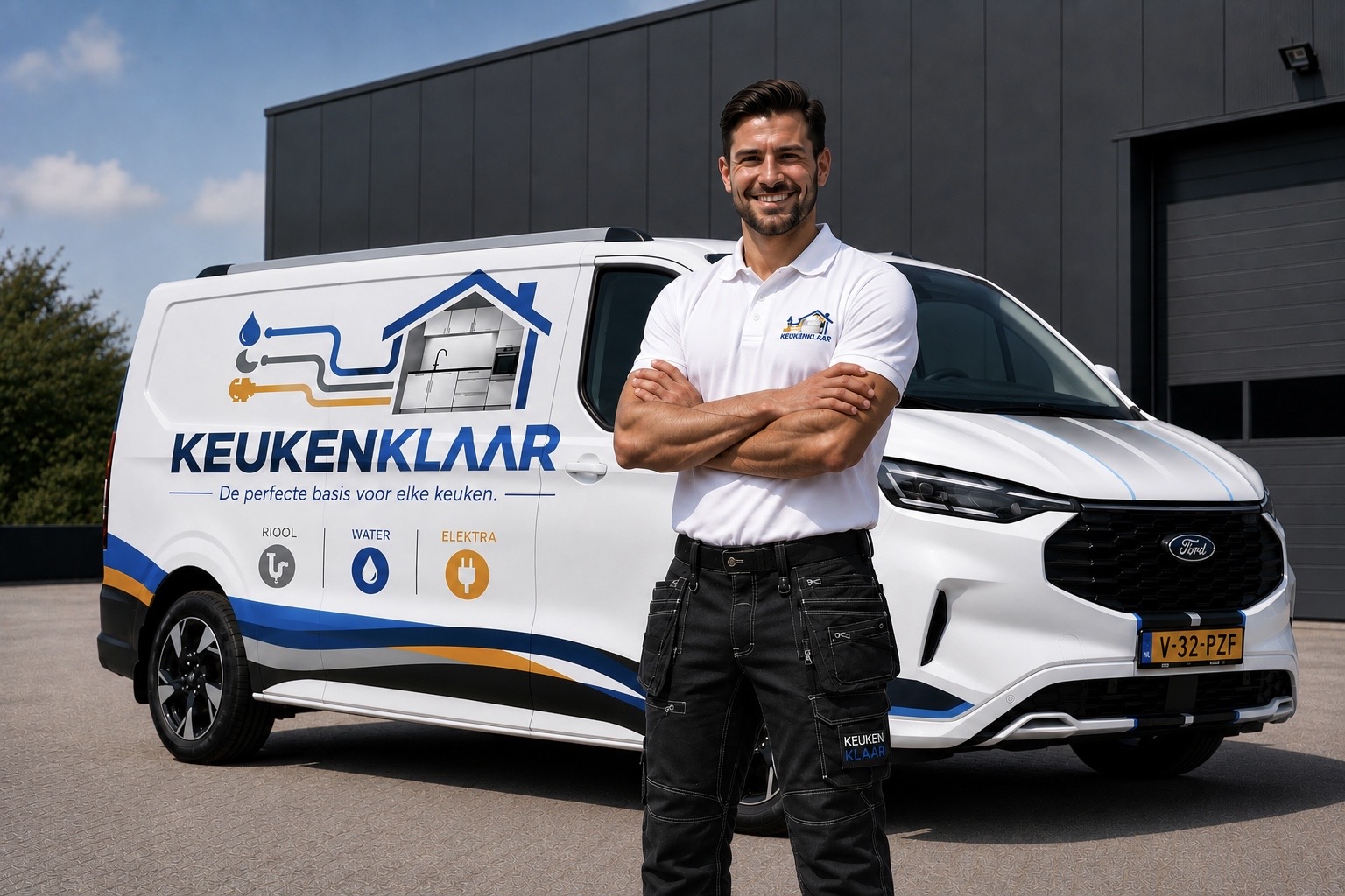 KeukenKlaar monteur bij de servicewagen voor de technische voorbereiding van een nieuwe keuken